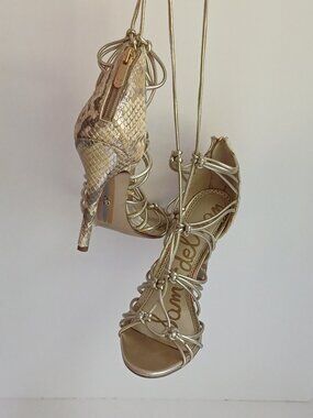 Sam Edelman 'Adella' Gold Leather Calf Length Tie Up Snake Print Sandals Sz 6M